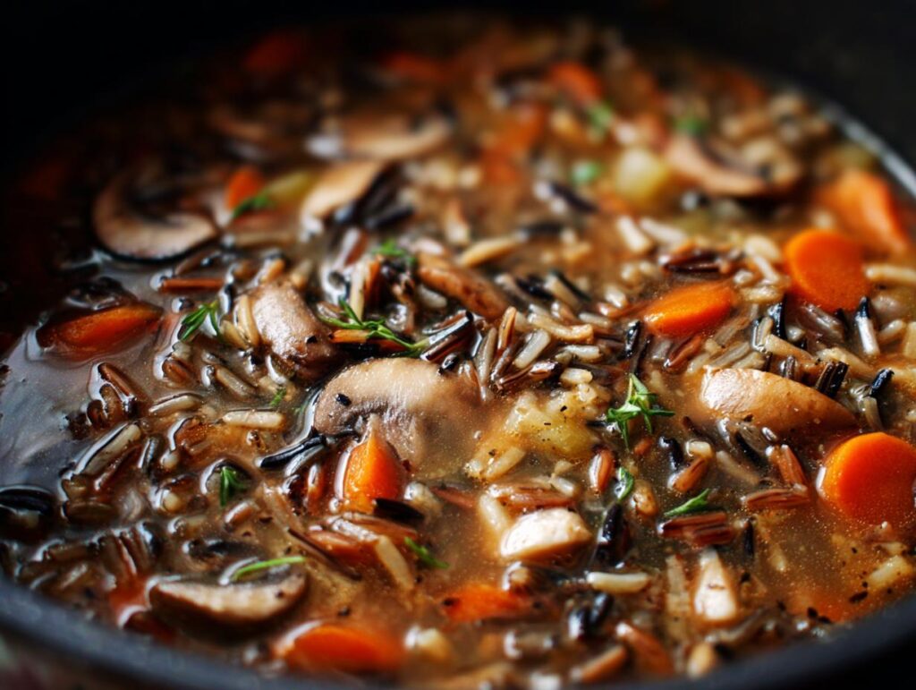 Close-up of Wild Rice & Mushroom Soup with carrots, mushrooms, and herbs.