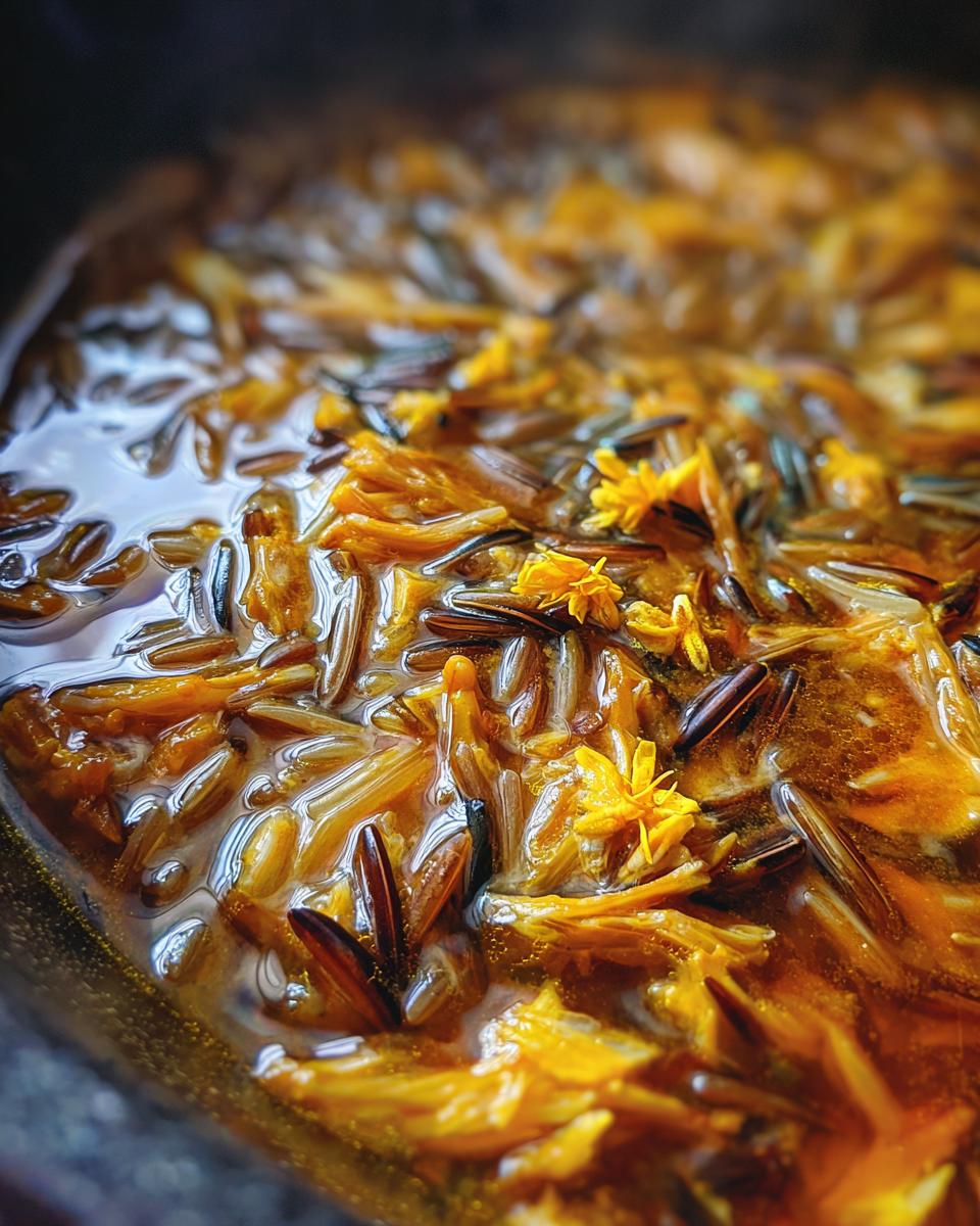 Close-up of Wild Rice & Mushroom Soup with visible grains and herbs.