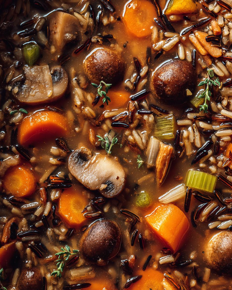 Overhead shot of Wild Rice & Mushroom Soup with carrots, mushrooms, and herbs.