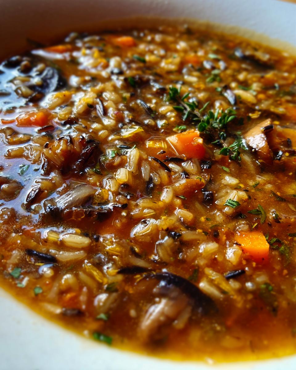 Close-up of a bowl of delicious Wild Rice & Mushroom Soup, with visible mushrooms, carrots, and herbs.