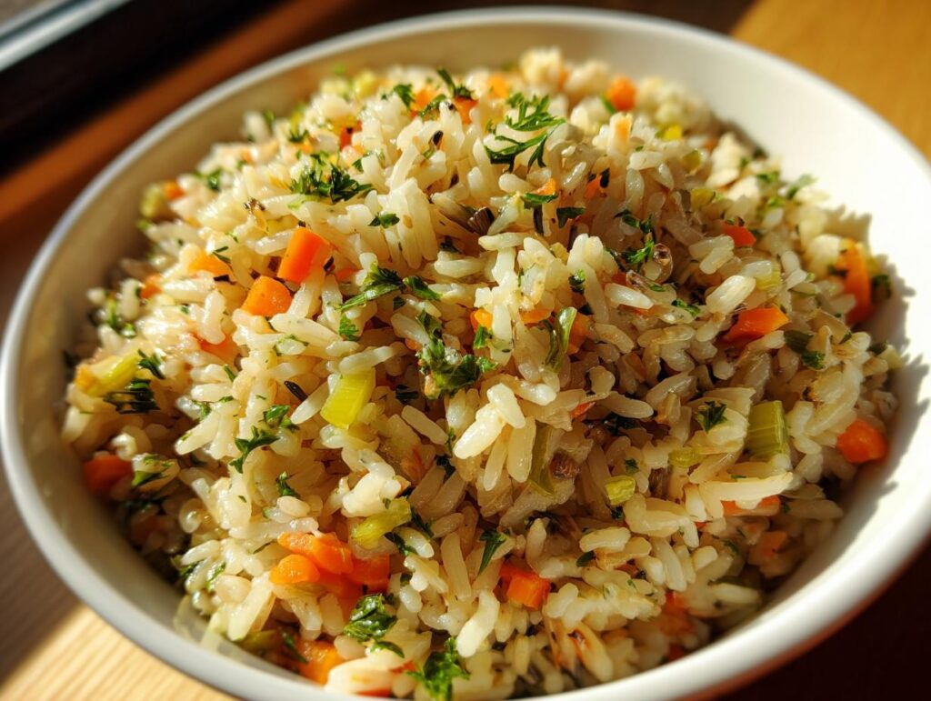 Close-up of a bowl of delicious Wild Rice Pilaf with carrots, celery, and herbs.