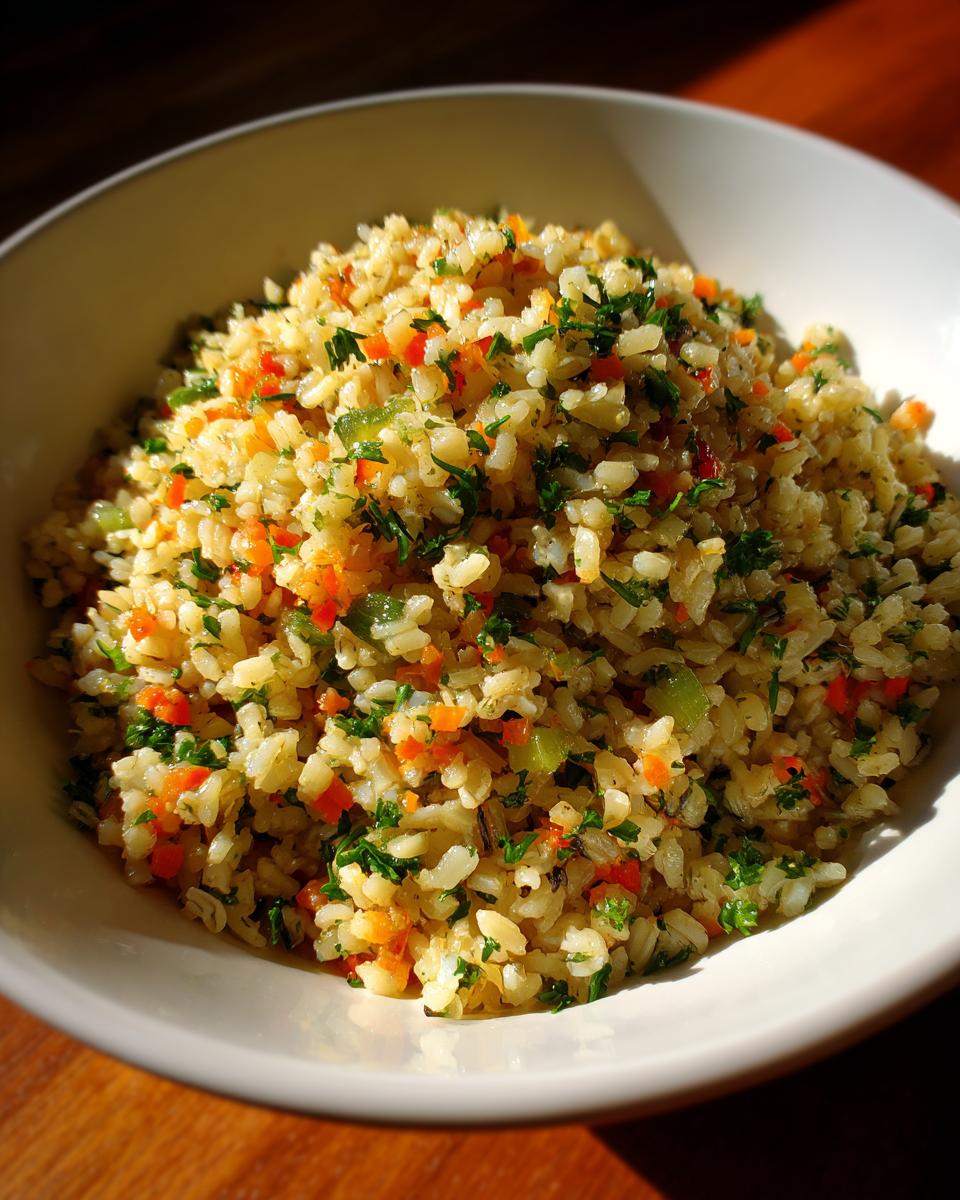 Close-up of a bowl of Wild Rice Pilaf with vegetables and herbs.