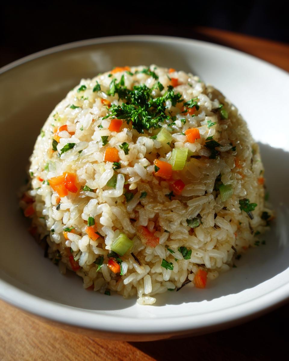 Close-up of a bowl of Wild Rice Pilaf with carrots, celery, and herbs.