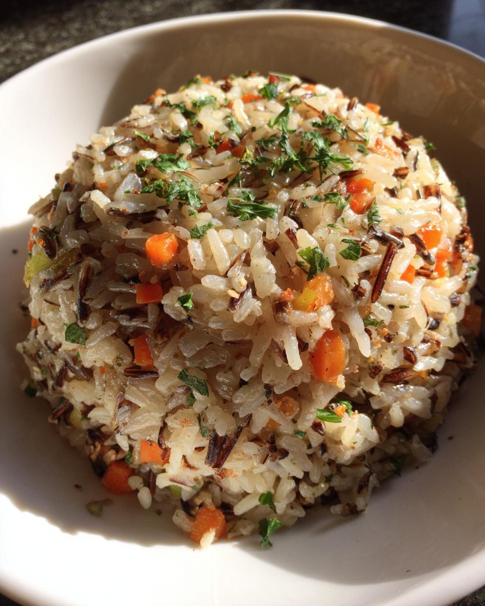 Close-up of a bowl of Wild Rice Pilaf with carrots and herbs.