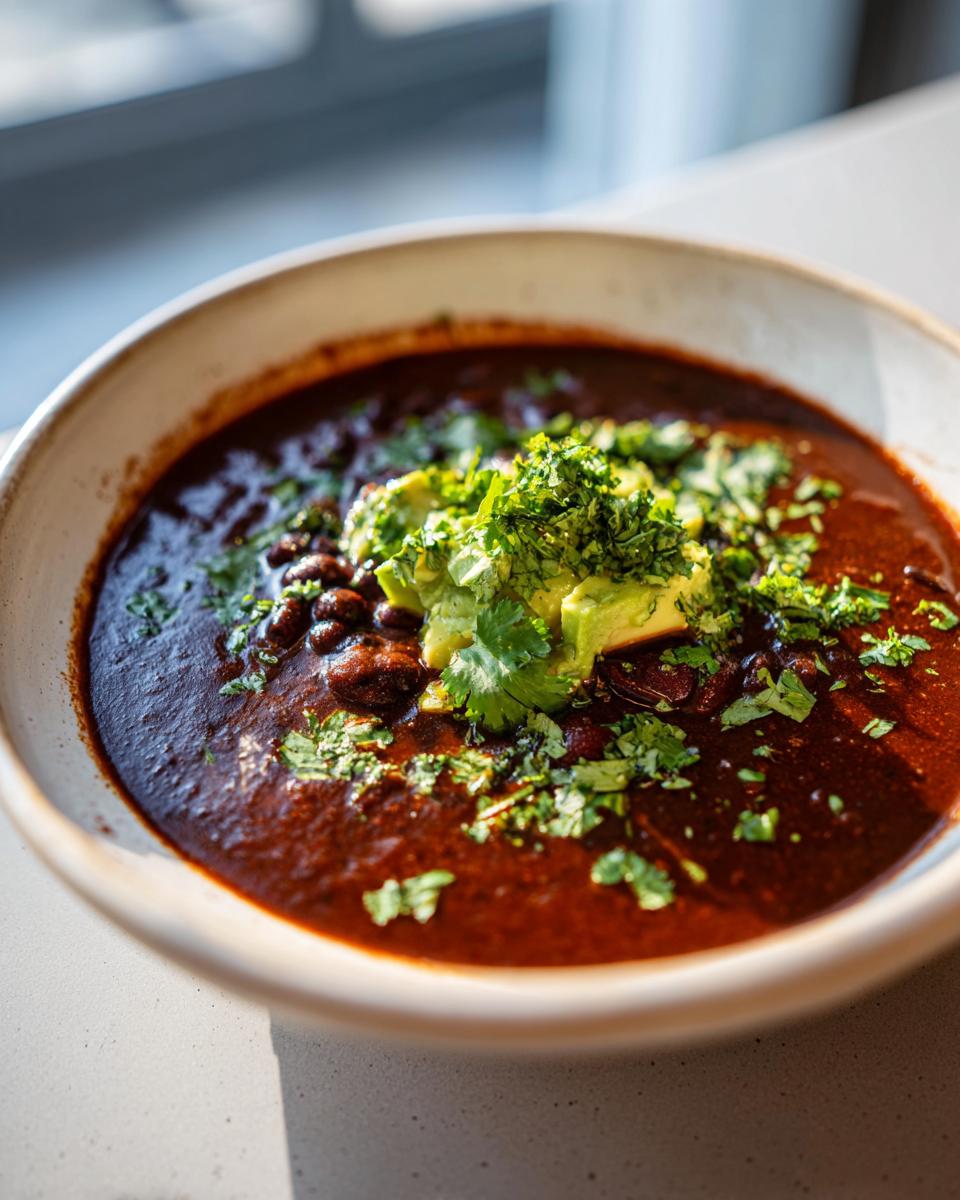 Close-up of a bowl of Zesty Black Bean Soup topped with avocado and cilantro.