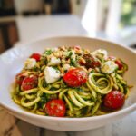 A vibrant bowl of Zucchini Noodle Pesto Caprese with cherry tomatoes, mozzarella, and pine nuts.