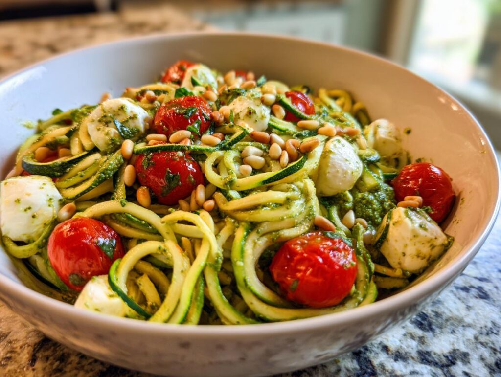 Close-up of a bowl of Zucchini Noodle Pesto Caprese with tomatoes, mozzarella, and pine nuts.
