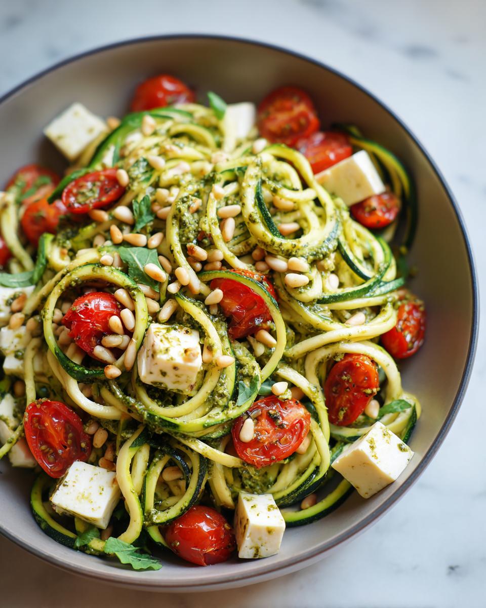 Close-up of Zucchini Noodle Pesto Caprese with tomatoes, mozzarella, and pine nuts.