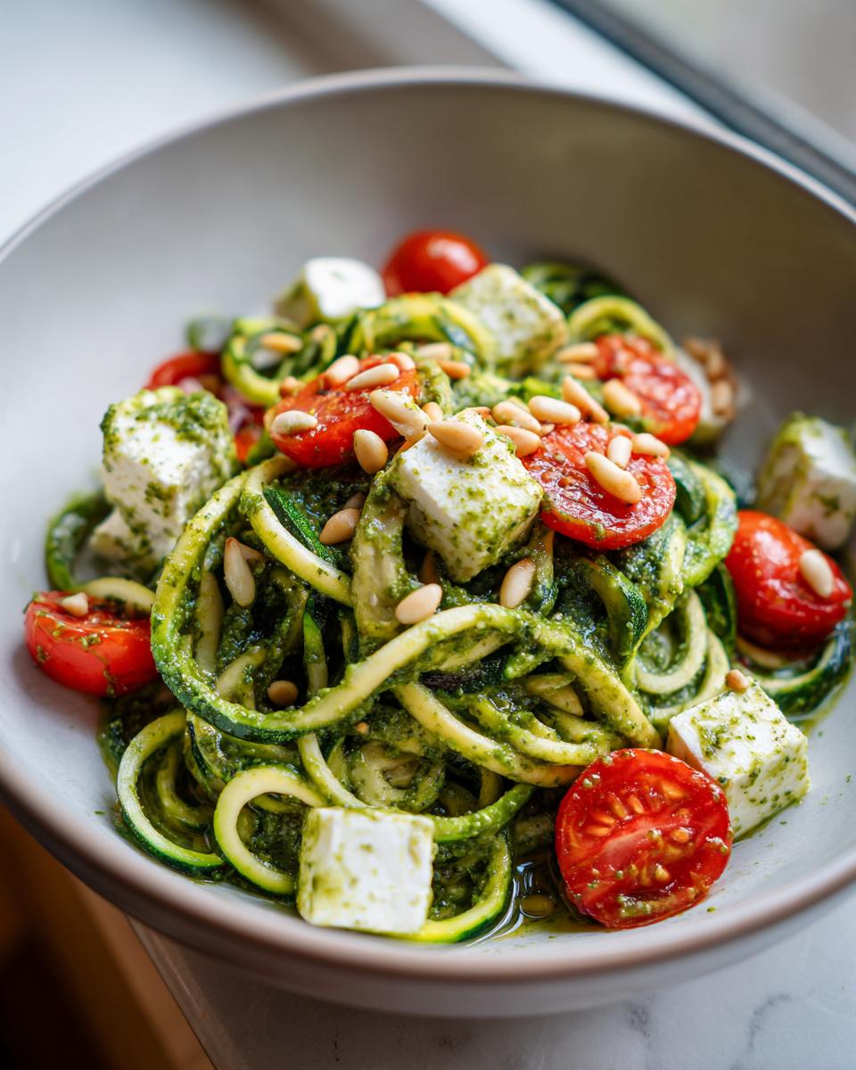 Close-up of a bowl of Zucchini Noodle Pesto Caprese with tomatoes, mozzarella, and pine nuts.