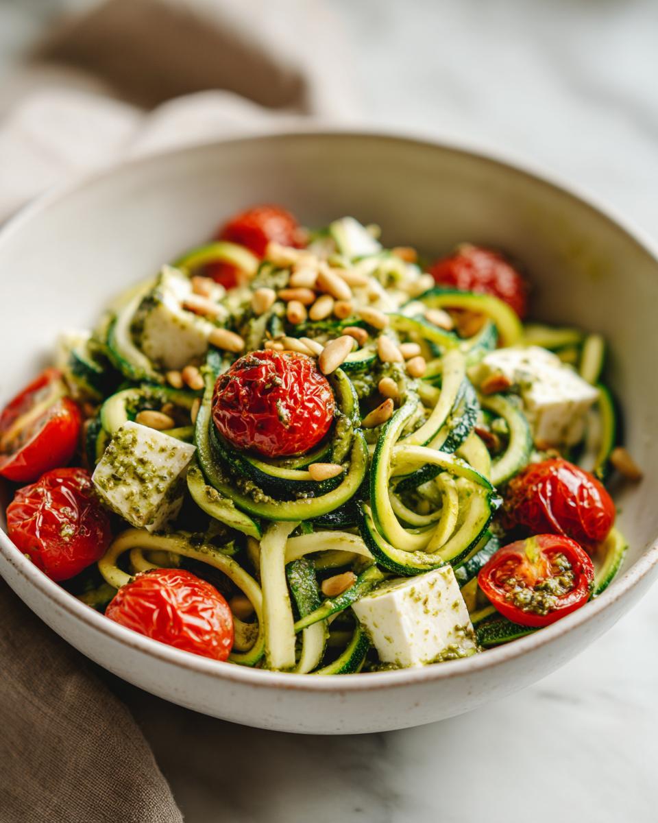 Close-up of a bowl of Zucchini Noodle Pesto Caprese with tomatoes, cheese, and pine nuts.