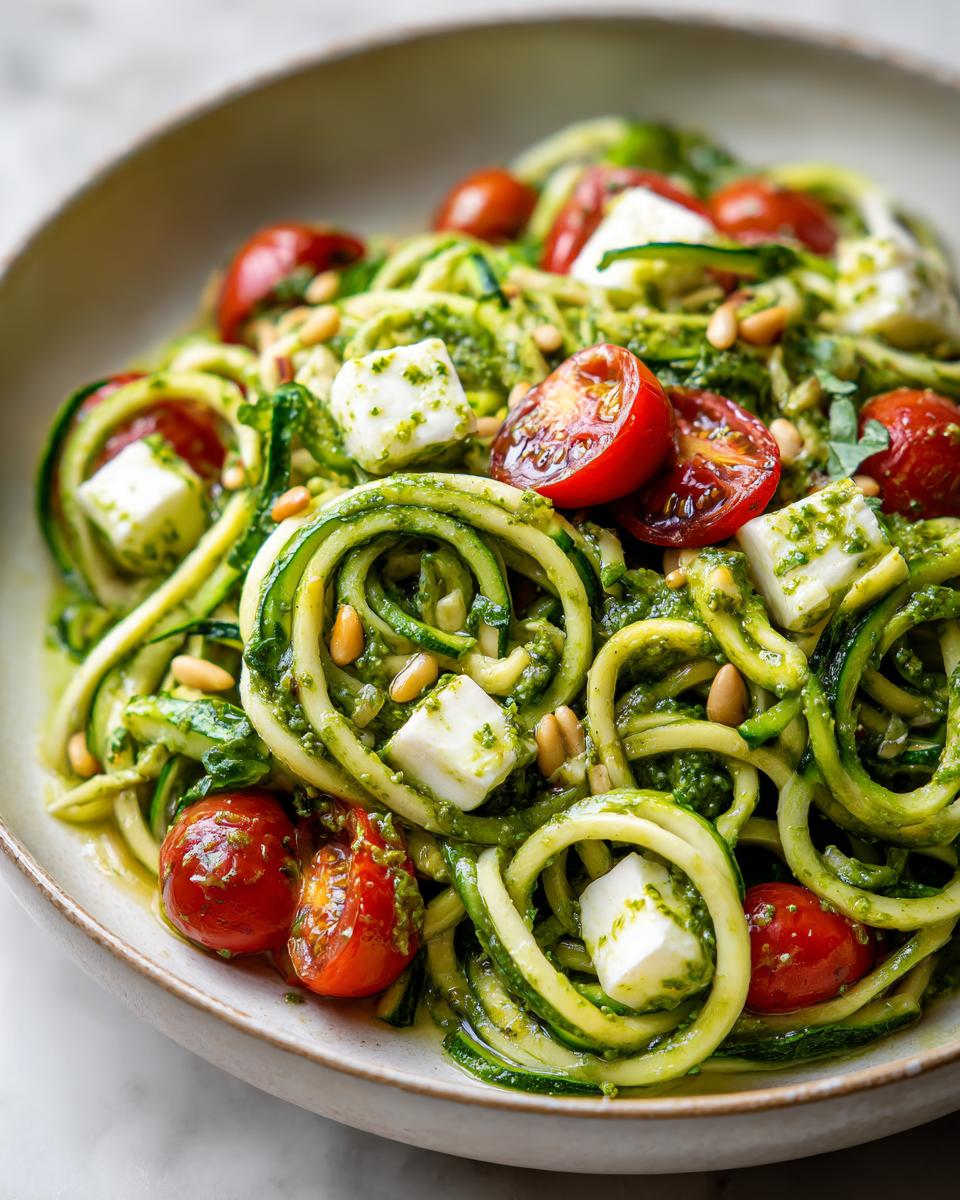 Close-up of a Zucchini Noodle Pesto Caprese with tomatoes, mozzarella and pine nuts.