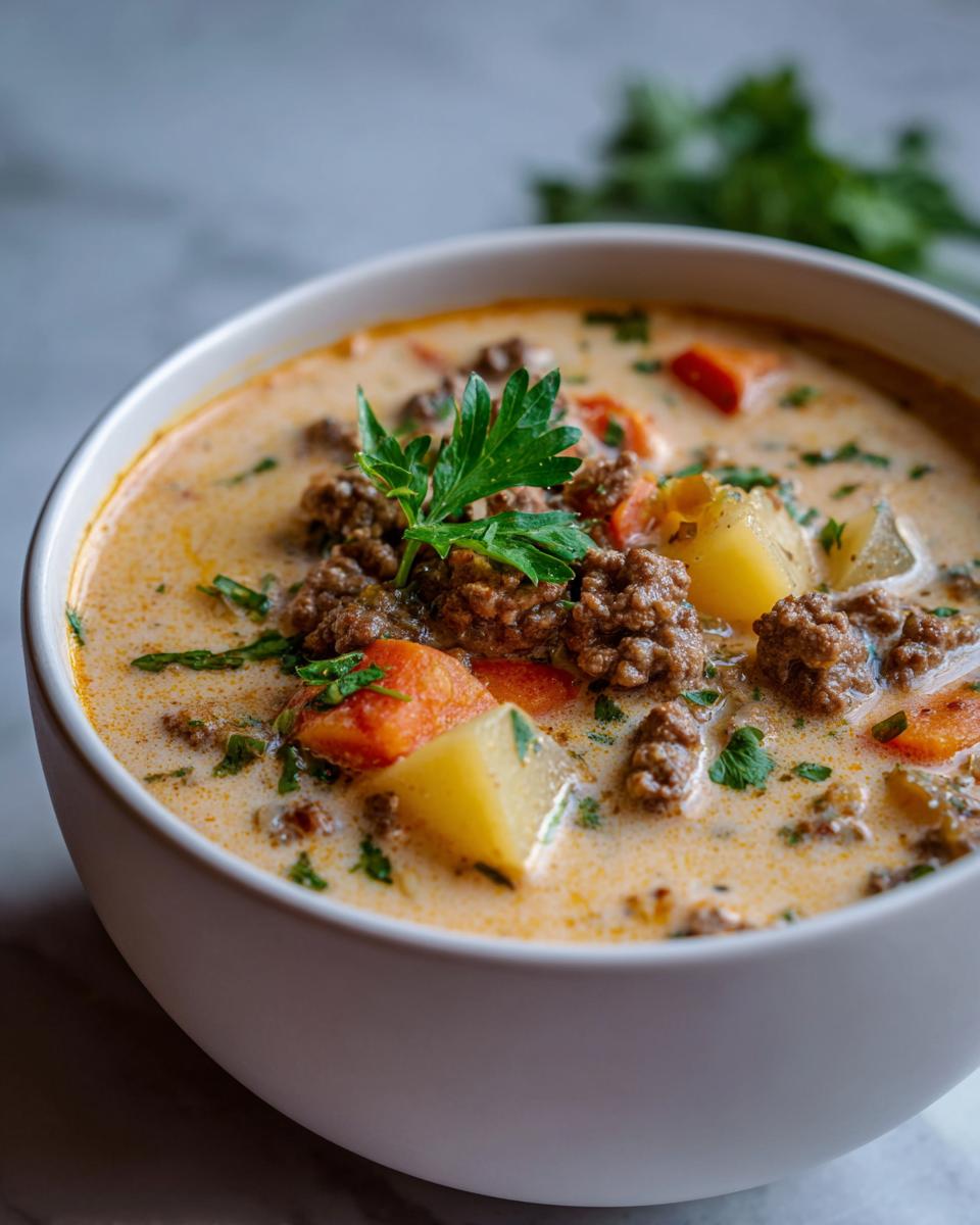 Amazing Cheeseburger Soup: 1 bowl of comfort