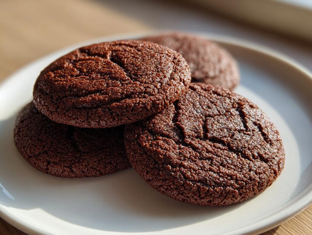 Close-up of several Best Chocolate Sugar Cookies on a white plate, perfect for the holidays.