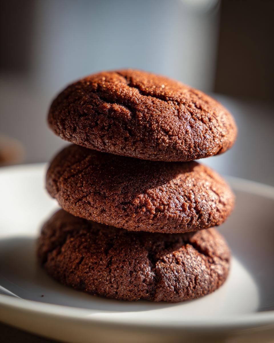 A stack of three delicious Best Chocolate Sugar Cookies on a white plate.