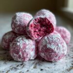 Pile of Christmas Pink Velvet Cookies dusted with powdered sugar, one cookie cut open.