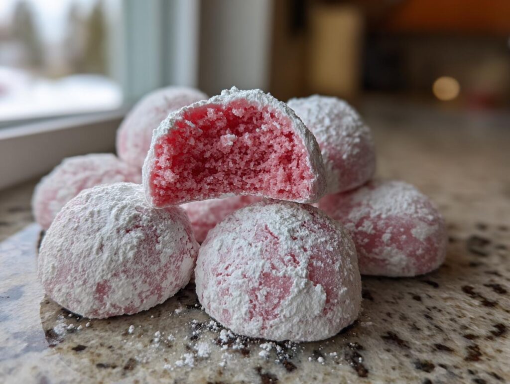Close-up of Christmas Pink Velvet Cookies, showing the soft texture and powdered sugar.