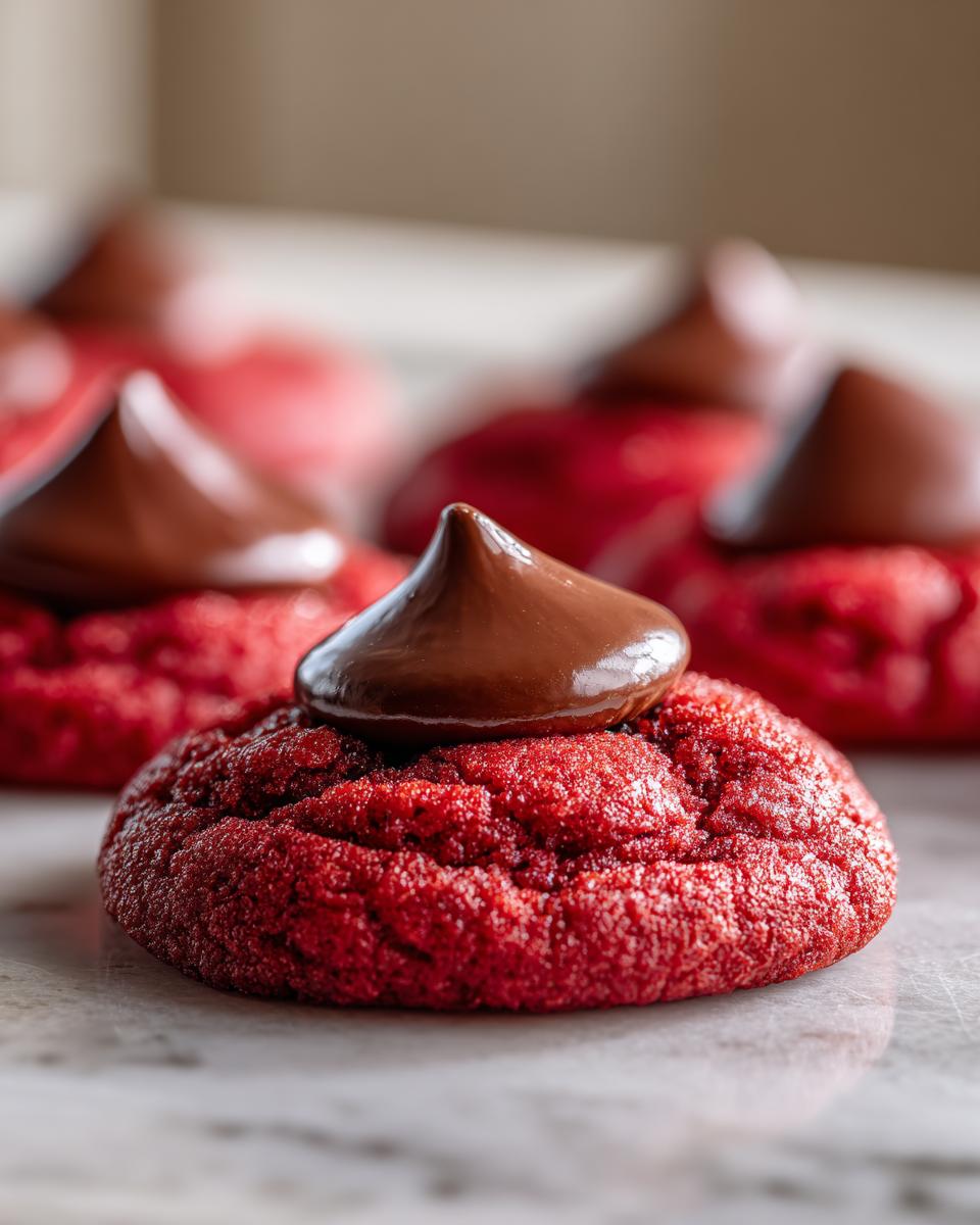Close-up of a Hershey's Red Velvet Blossoms Cookie with a chocolate kiss on top.