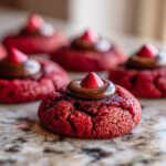 Close-up of Easy Hershey's Red Velvet Blossoms Cookies, red cookies with chocolate Hershey's Kiss.
