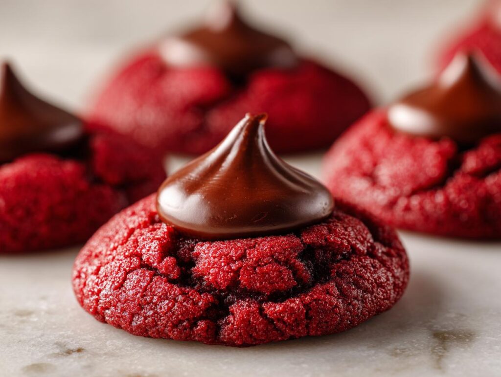 Close-up of Easy Hershey's Red Velvet Blossoms Cookies with chocolate kiss.