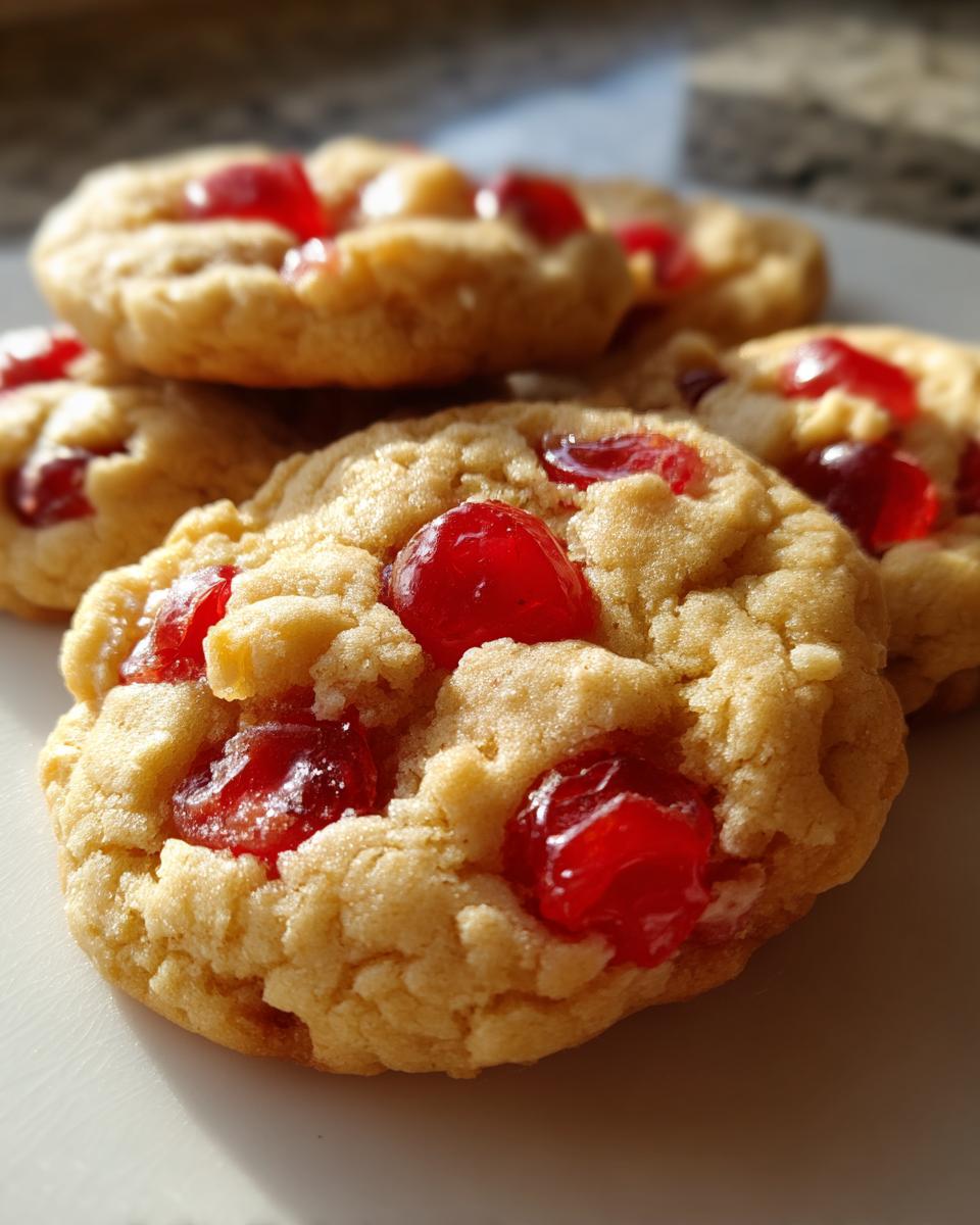 Close-up of several homemade Maraschino Cherry Cookies, showing the bright red cherries.
