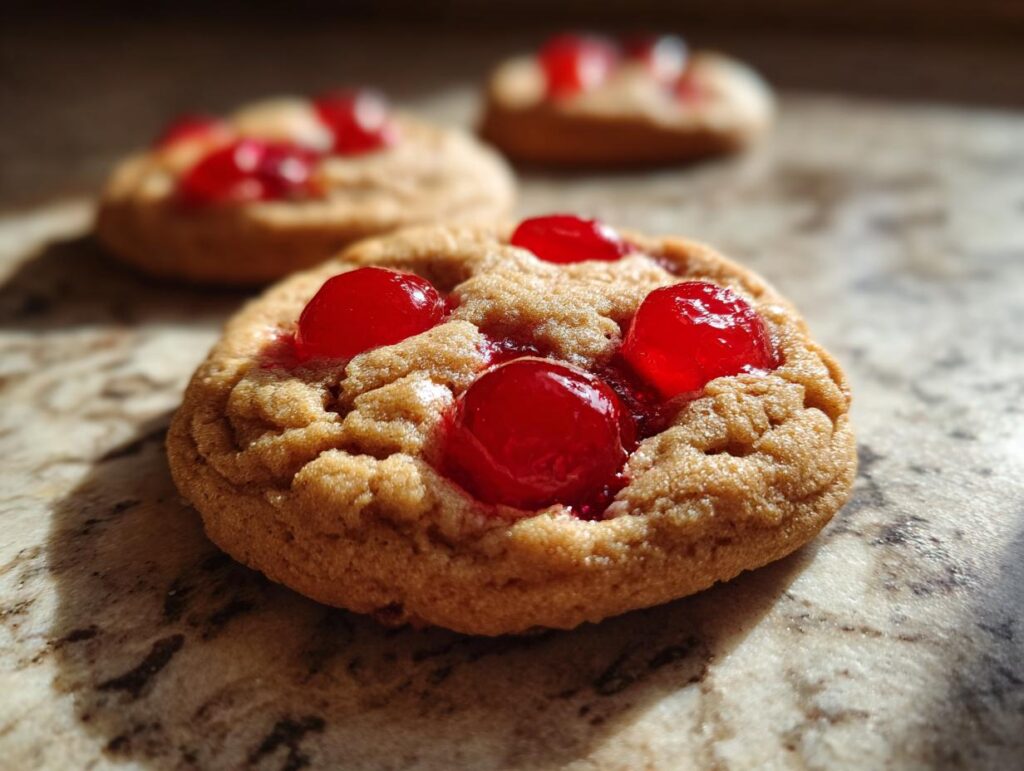 Close-up of freshly baked Maraschino Cherry Cookies Homemade, with bright red cherries.