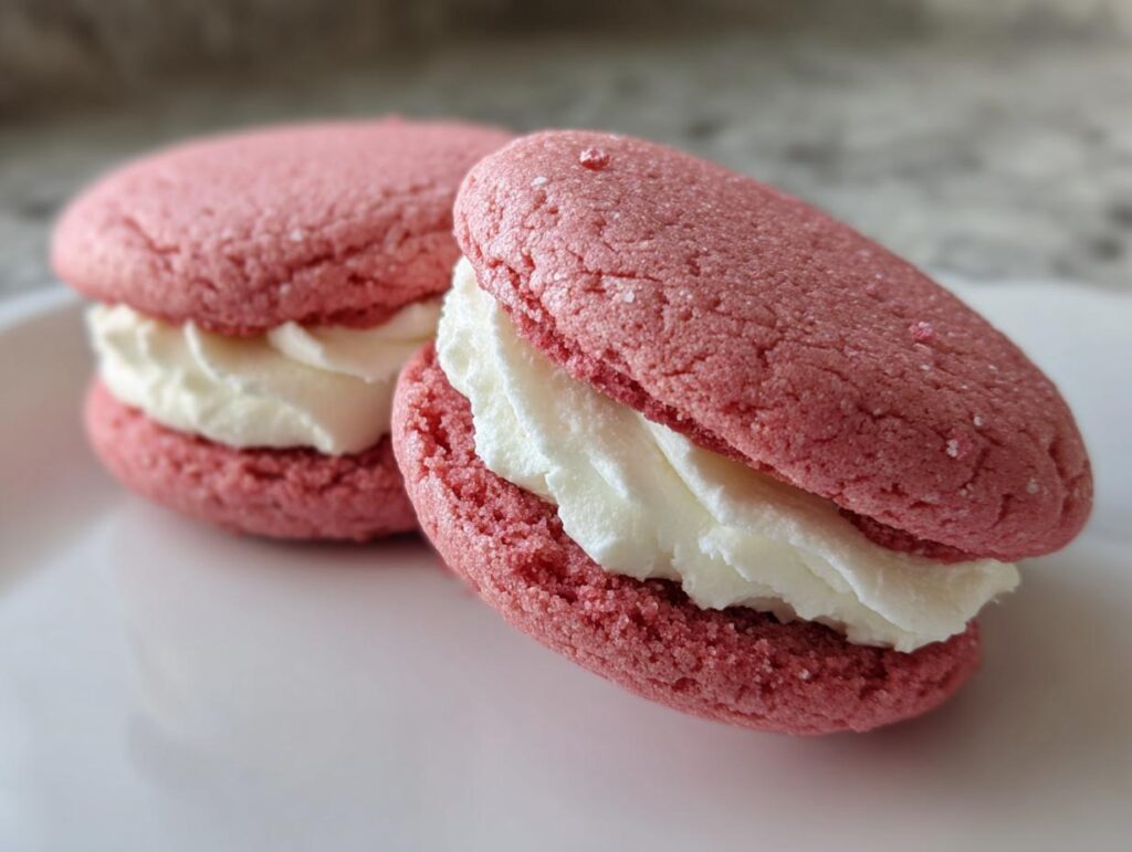 Close-up of two Pink Velvet Cookies with white cream filling, perfect for the Pink Velvet Cookie Recipe.