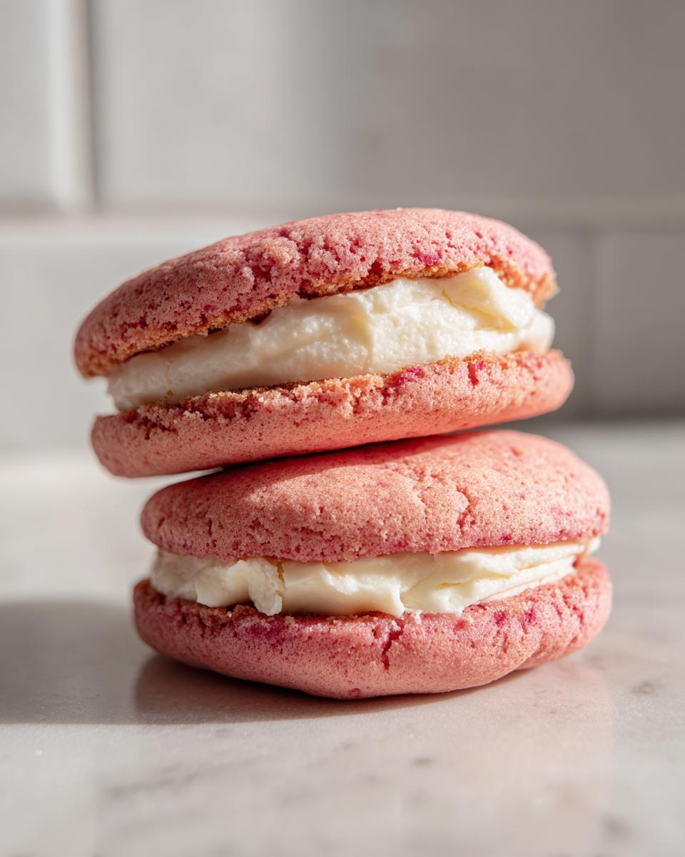 Close-up of stacked Pink Velvet Cookies with white cream filling, a delicious treat. The Pink Velvet Cookie Recipe is easy to follow.