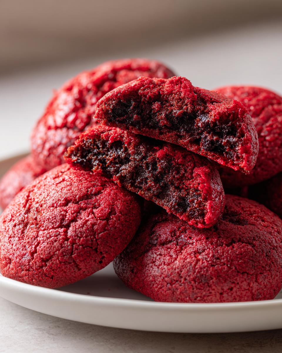 Close-up of soft and chewy Red Velvet Cookies, showing the texture and color.