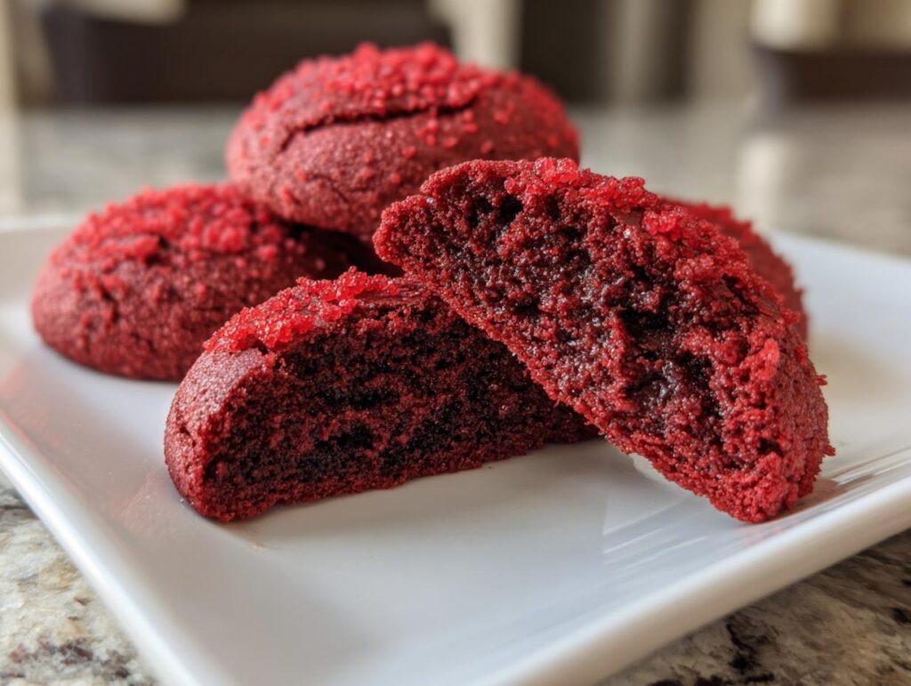 Close-up of soft and chewy Red Velvet Cookies, showing the texture and crumb.