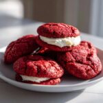 Close-up of several Red Velvet Cookies with creamy white filling on a white plate.
