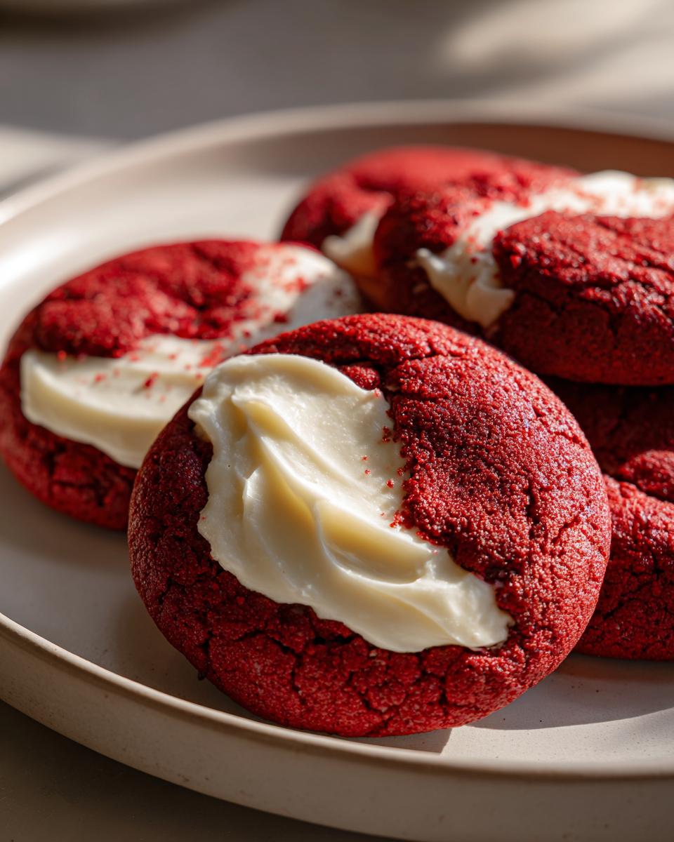 Close-up of frosted Red Velvet Cookies on a plate, showing the vibrant red color and cream cheese frosting.