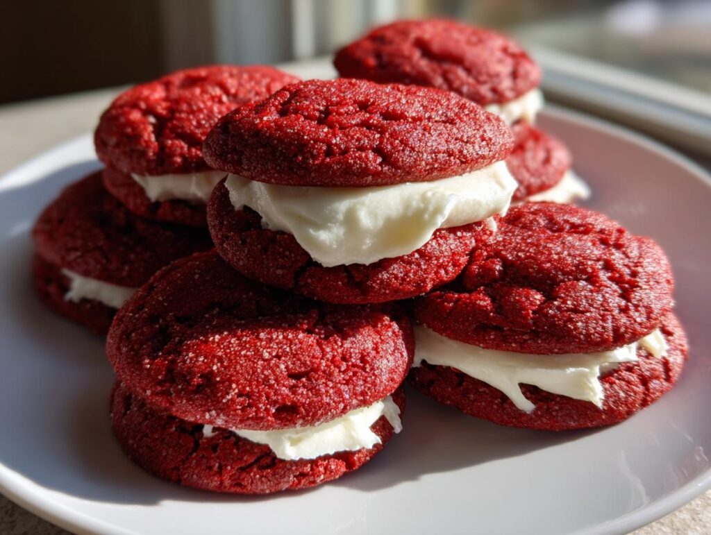 Close-up of a stack of Red Velvet Cookies with cream cheese frosting on a white plate.
