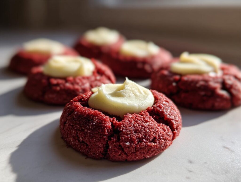 Close-up of Red Velvet Cream Cheese Thumbprint Cookies, delightful treats.