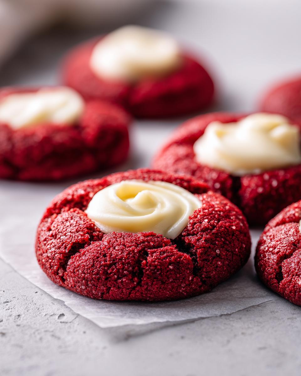 Close-up of Red Velvet Cream Cheese Thumbprint Cookies, showing the red cookie and cream cheese filling.