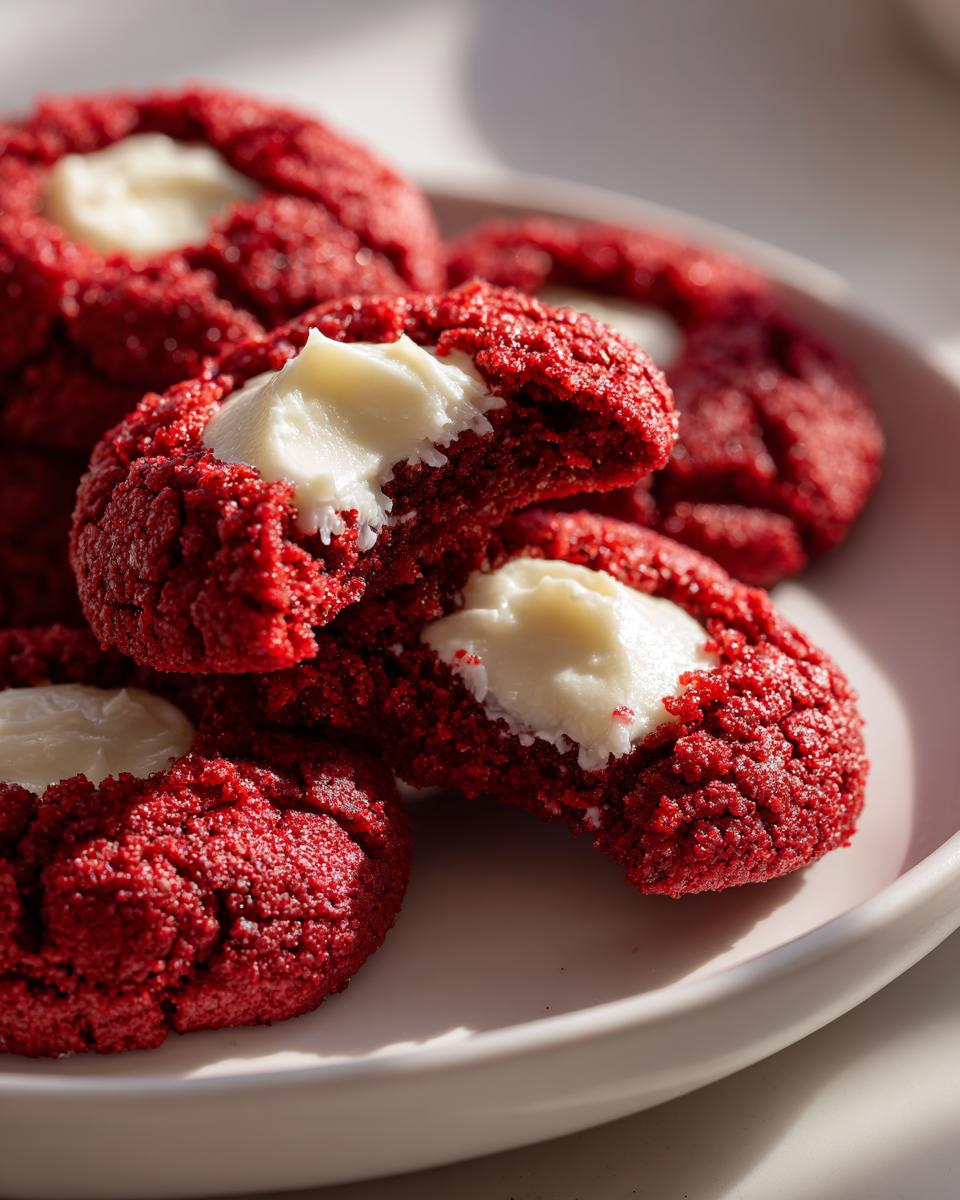 Close-up of Red Velvet Thumbprint Cookies with cream cheese filling, perfect for a sweet treat.