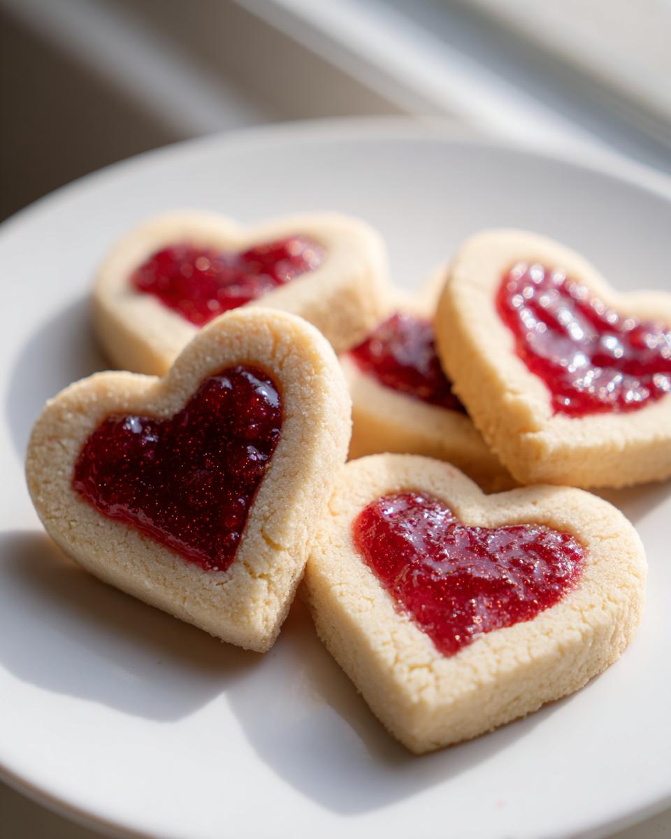 Close-up of heart-shaped Strawberry Kiss Cookies on a white plate, perfect for Valentine's Day.