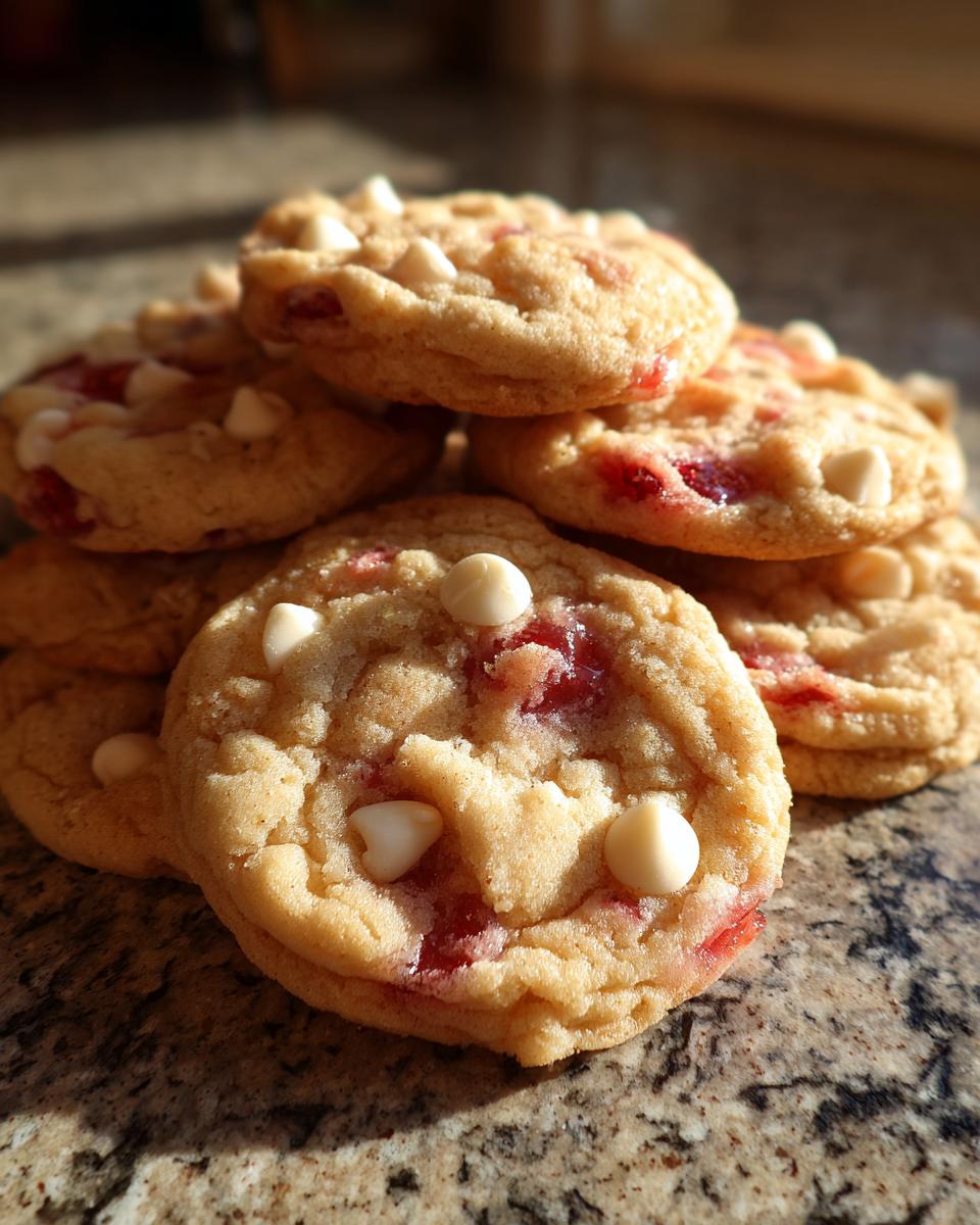 Close-up of a stack of delicious Strawberry Kiss Cookies, showing the white chocolate chips and strawberry filling.