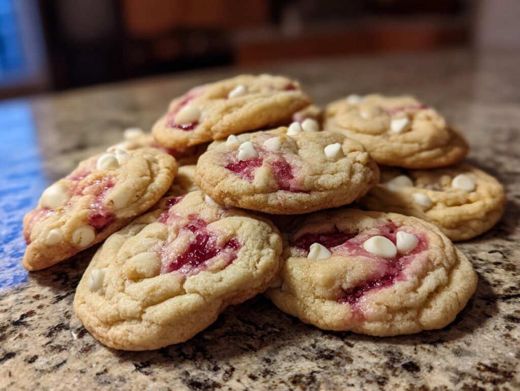 Pile of delicious Soft Strawberry Kiss Cookies, with white chocolate chips and a strawberry filling.