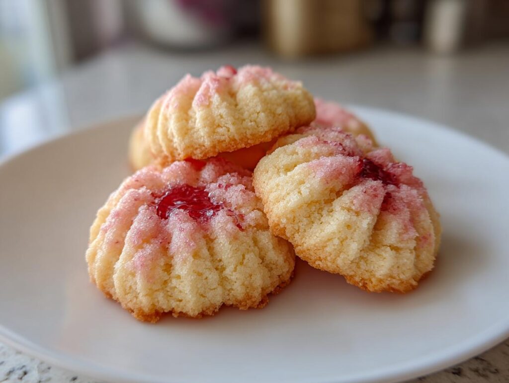 Close-up of a plate with several Strawberry Kiss Cookies, a sweet treat.