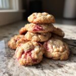 Pile of freshly baked soft Strawberry Kiss Cookies with white chocolate chips on a marble countertop.