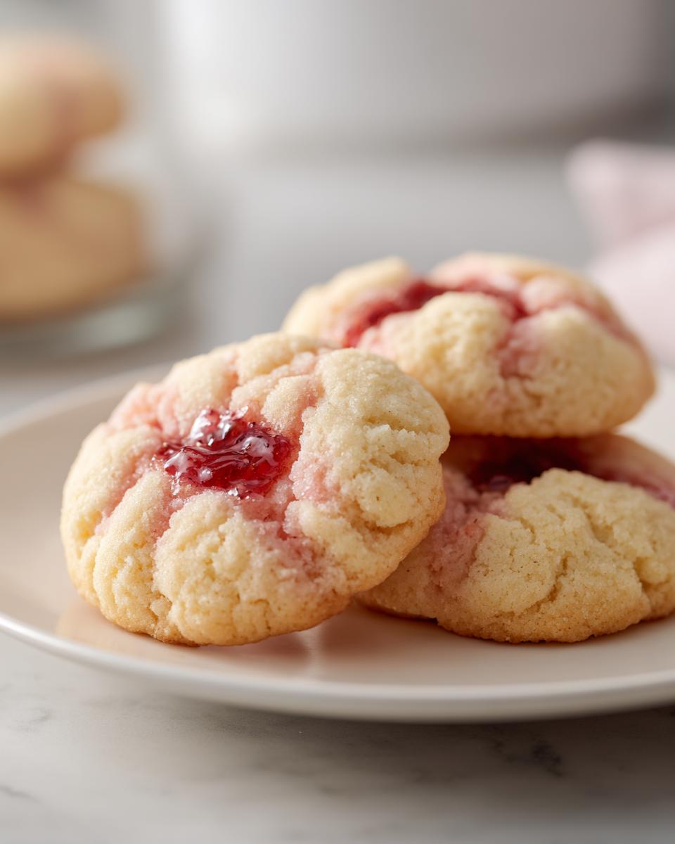 Close-up of a stack of Strawberry Kiss Cookies on a white plate, showing the jam filling.
