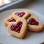 Close-up of heart-shaped Strawberry Kiss Cookies filled with strawberry jam, perfect for Valentine's Day.