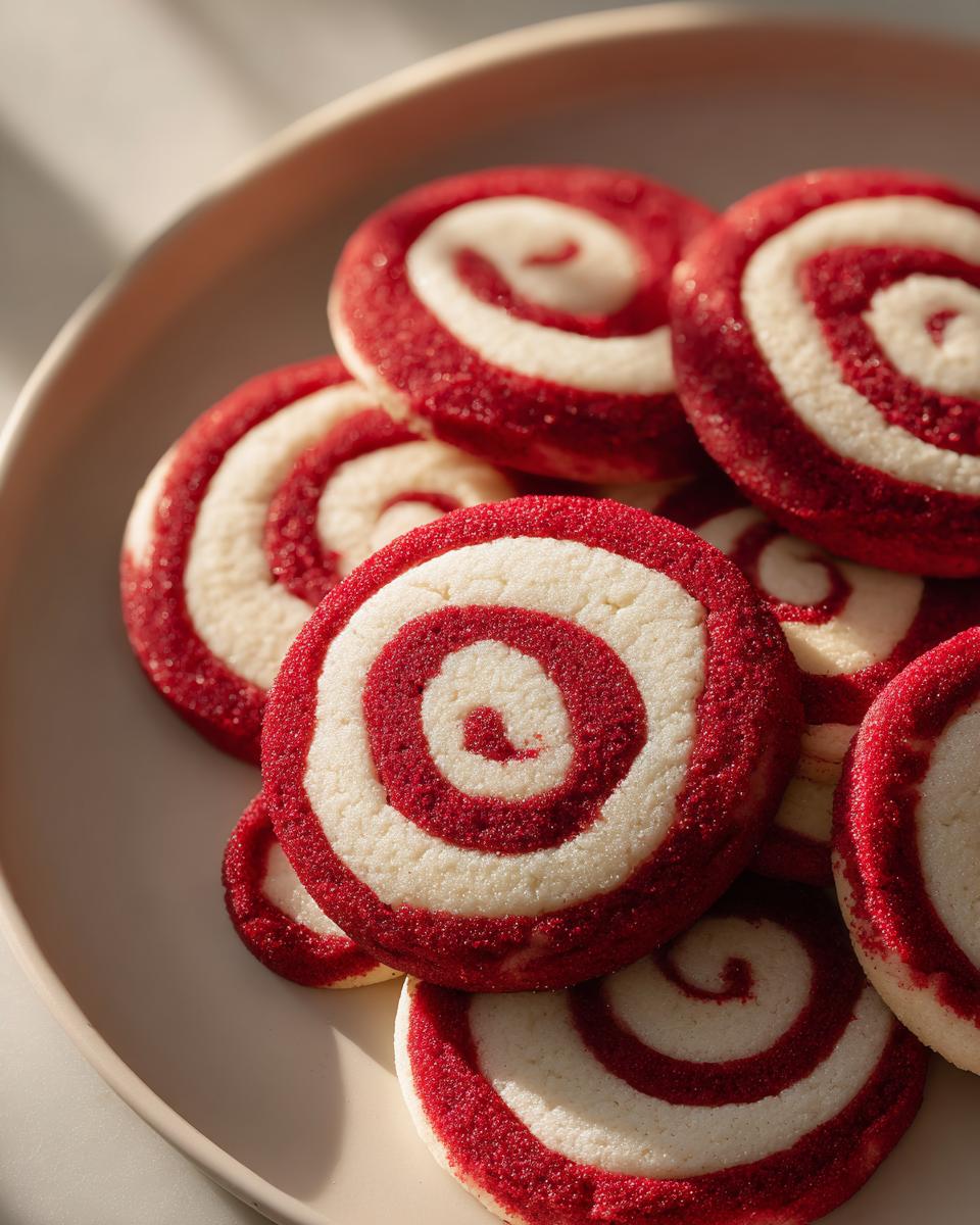 Close-up of Sweet Valentine's Day Swirl Cookies, red and white, arranged on a plate.