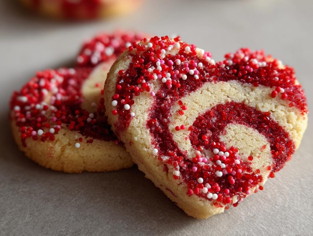 Close-up of heart-shaped Swirl Cookies with red and white sprinkles, perfect for Valentine's Day.