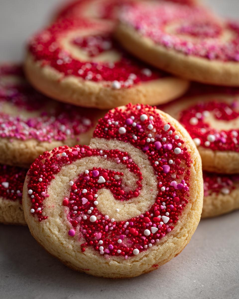 Close-up of Swirl Cookies with red sprinkles, perfect for Valentine's Day. The Swirl Cookies are a delicious treat.