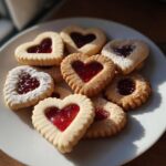 Close-up of heart-shaped Valentine Strawberry Cookies filled with jam and dusted with powdered sugar.