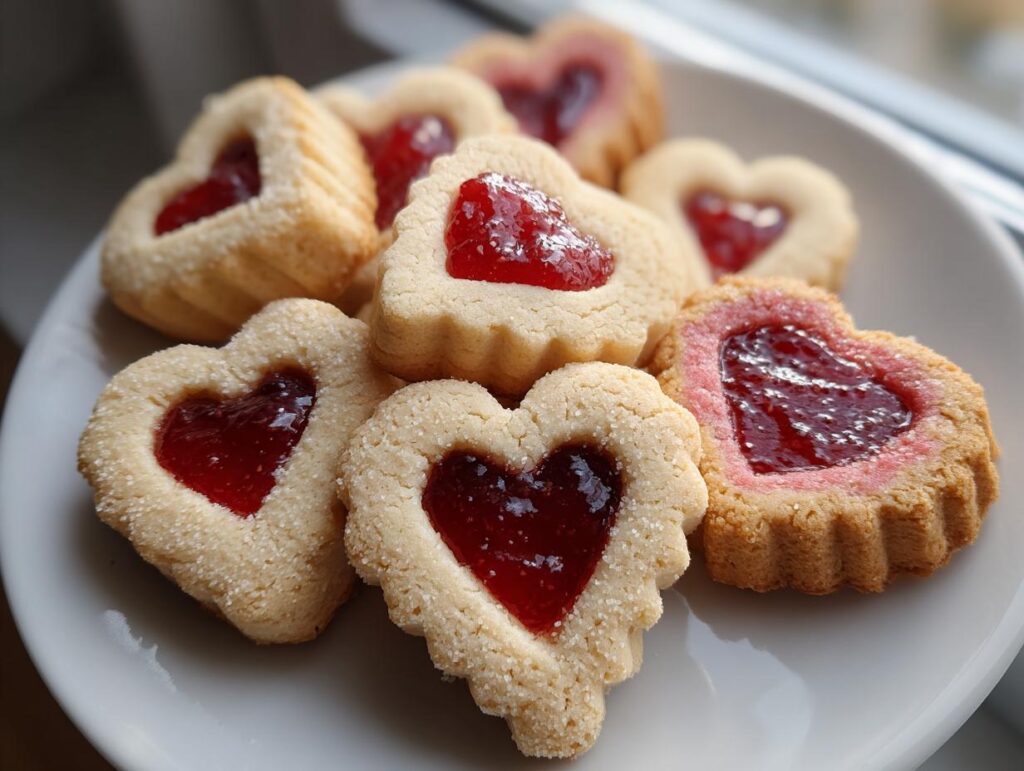 Close-up of heart-shaped Valentine Strawberry Cookies filled with jam on a white plate.