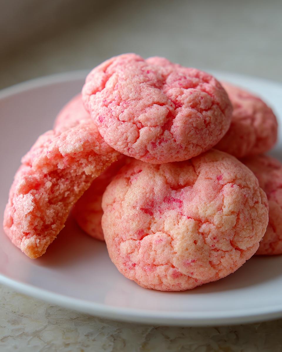 Close-up of a pile of pink Valentine Strawberry Cookies on a white plate, perfect for a sweet celebration.