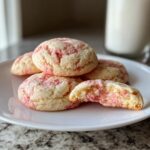 Pile of delicious Valentine Strawberry Cookies on a white plate, with a bite taken out of one.
