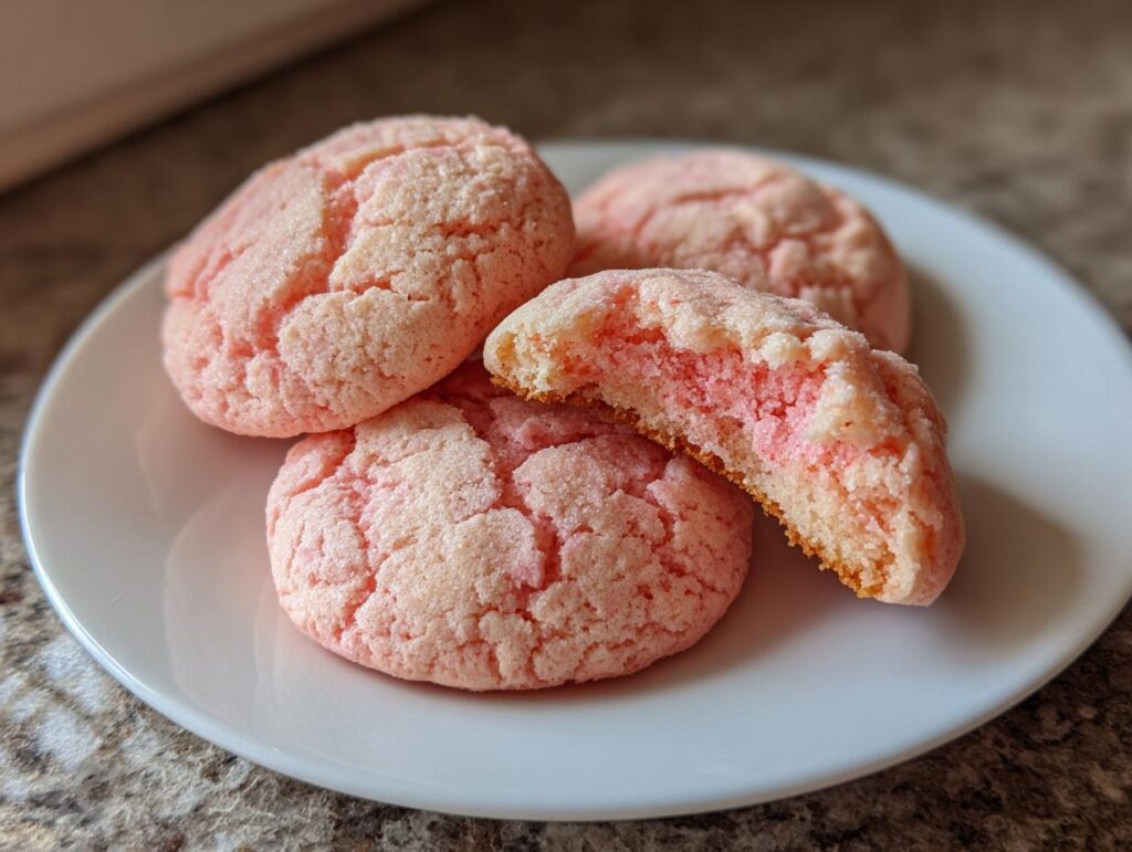Close-up of Valentine Strawberry Cookies on a white plate, one cookie broken open.